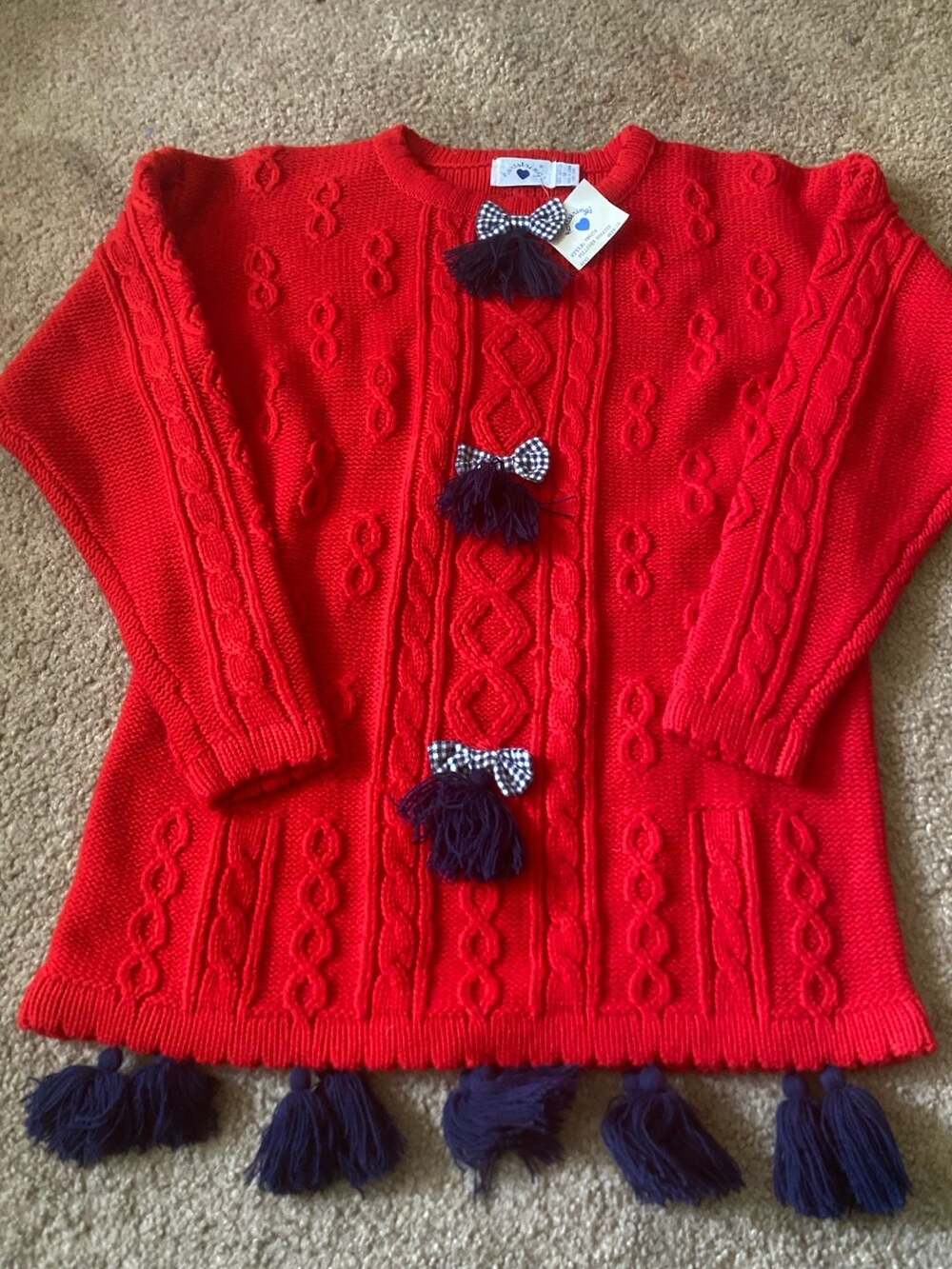NWT Hartstrings Pullover Sweater Size 14 Red Cable Knit Bow Tassels